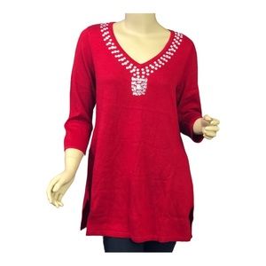 Global Chic by IMAN Touch of Cashmere Red Sweater / Tunic with jeweled neckline.